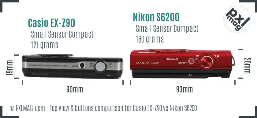 Casio EX-Z90 vs Nikon S6200 top view buttons comparison