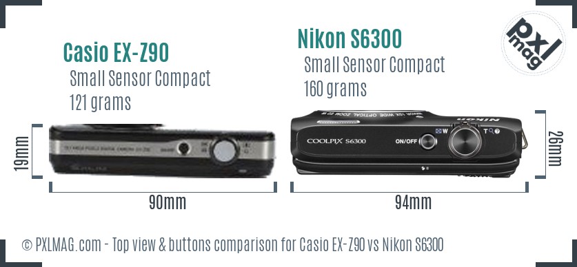 Casio EX-Z90 vs Nikon S6300 top view buttons comparison