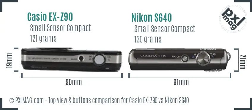 Casio EX-Z90 vs Nikon S640 top view buttons comparison Casio EX-Z90 vs Nikon S640 top view buttons comparison
