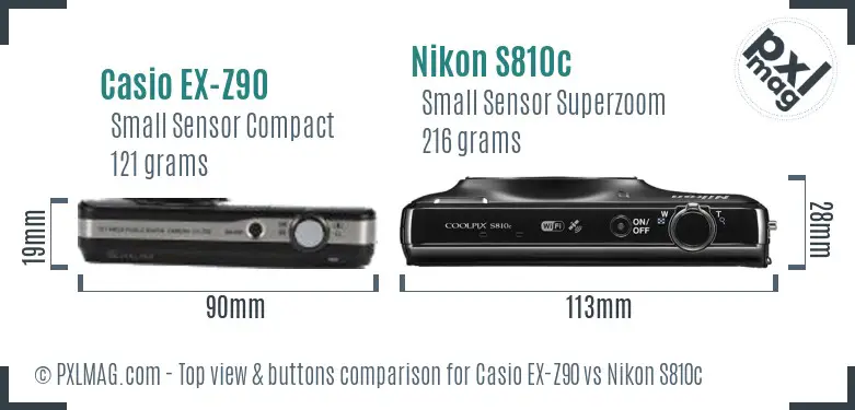 Casio EX-Z90 vs Nikon S810c top view buttons comparison Casio EX-Z90 vs Nikon S810c top view buttons comparison