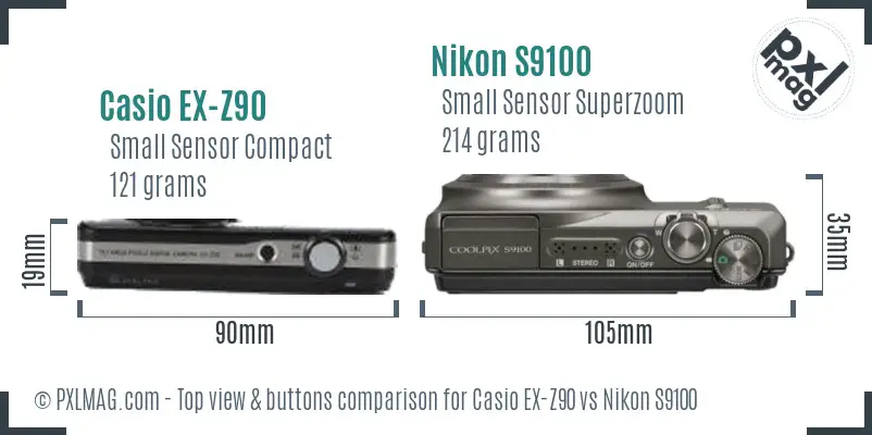Casio EX-Z90 vs Nikon S9100 top view buttons comparison