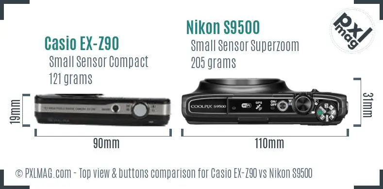 Casio EX-Z90 vs Nikon S9500 top view buttons comparison Casio EX-Z90 vs Nikon S9500 top view buttons comparison