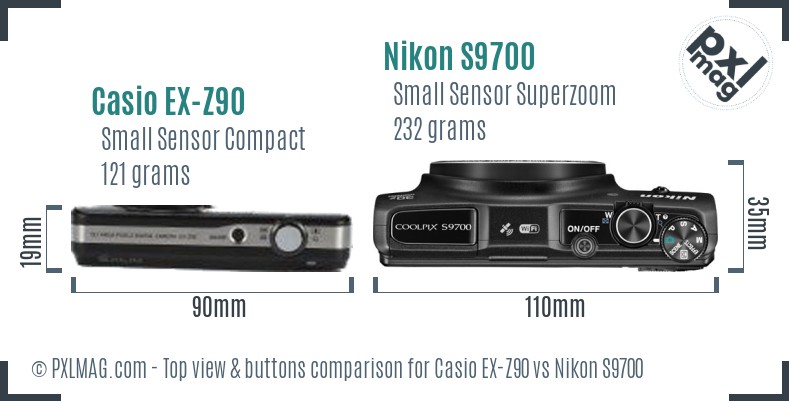 Casio EX-Z90 vs Nikon S9700 top view buttons comparison