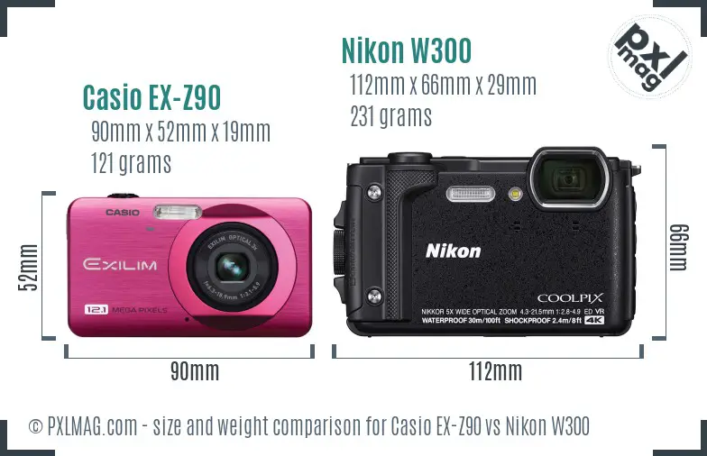 Casio EX-Z90 vs Nikon W300 size comparison