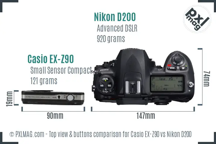 Casio EX-Z90 vs Nikon D200 top view buttons comparison