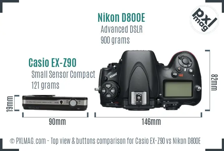 Casio EX-Z90 vs Nikon D800E top view buttons comparison