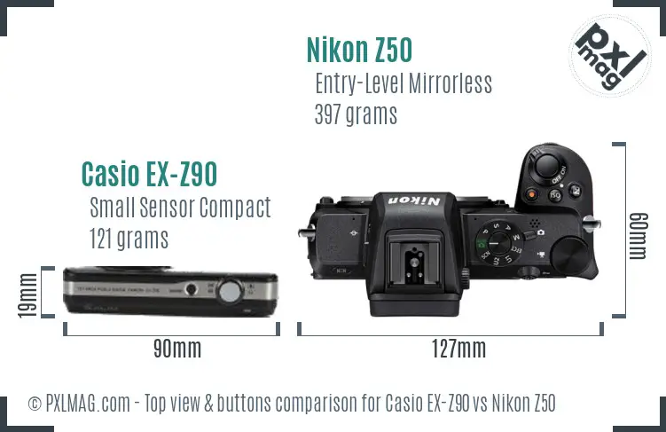 Casio EX-Z90 vs Nikon Z50 top view buttons comparison Casio EX-Z90 vs Nikon Z50 top view buttons comparison