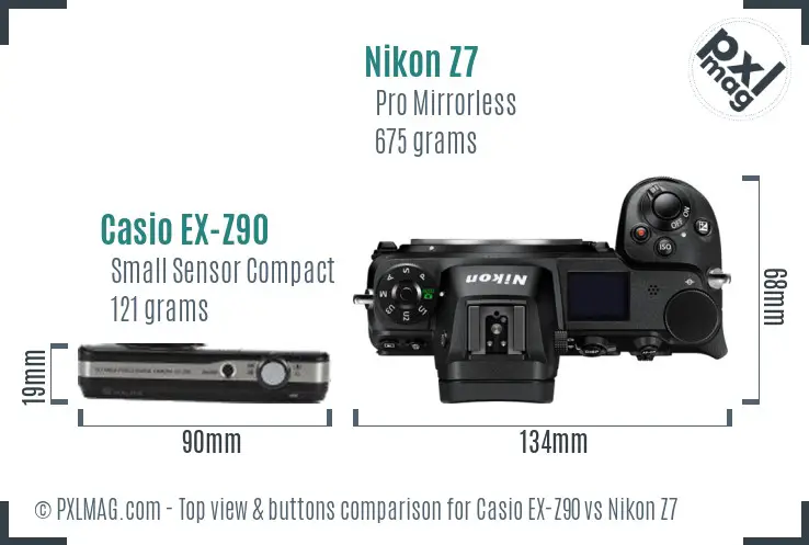 Casio EX-Z90 vs Nikon Z7 top view buttons comparison