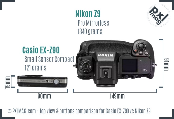 Casio EX-Z90 vs Nikon Z9 top view buttons comparison