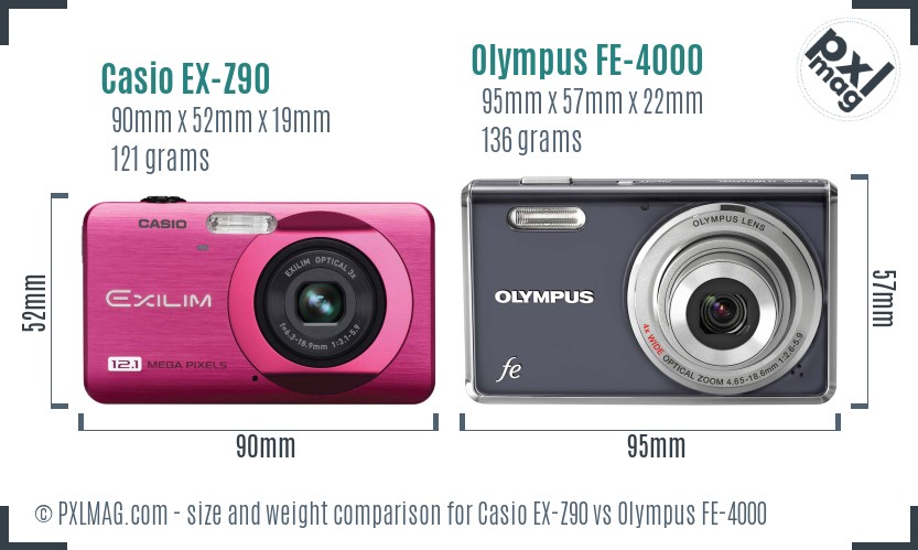 Casio EX-Z90 vs Olympus FE-4000 size comparison Casio EX-Z90 vs Olympus FE-4000 size comparison