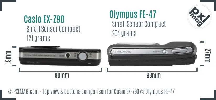 Casio EX-Z90 vs Olympus FE-47 top view buttons comparison