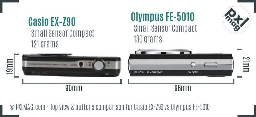 Casio EX-Z90 vs Olympus FE-5010 top view buttons comparison Casio EX-Z90 vs Olympus FE-5010 top view buttons comparison