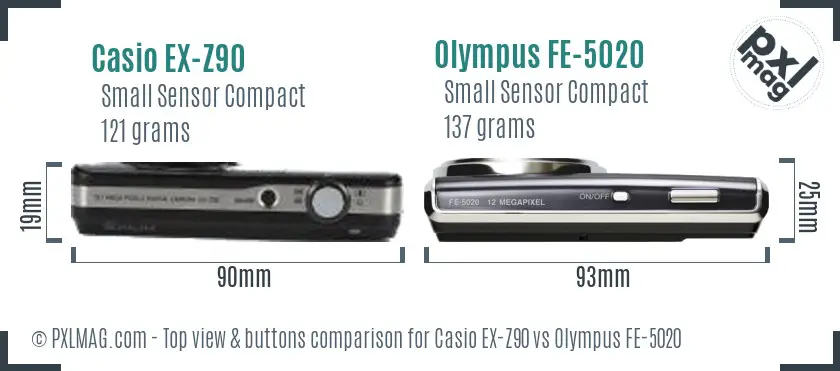 Casio EX-Z90 vs Olympus FE-5020 top view buttons comparison