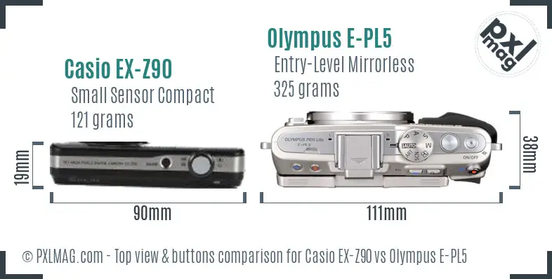 Casio EX-Z90 vs Olympus E-PL5 top view buttons comparison