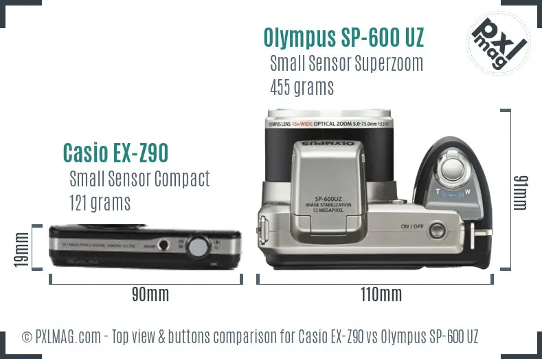 Casio EX-Z90 vs Olympus SP-600 UZ top view buttons comparison