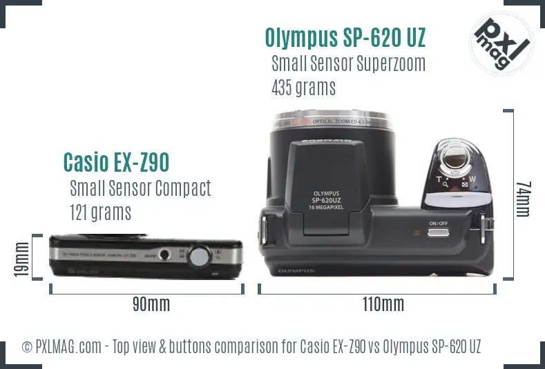 Casio EX-Z90 vs Olympus SP-620 UZ top view buttons comparison Casio EX-Z90 vs Olympus SP-620 UZ top view buttons comparison