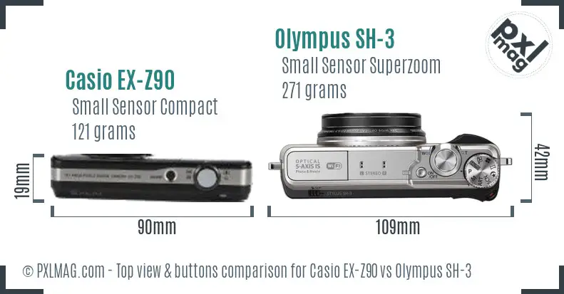 Casio EX-Z90 vs Olympus SH-3 top view buttons comparison Casio EX-Z90 vs Olympus SH-3 top view buttons comparison