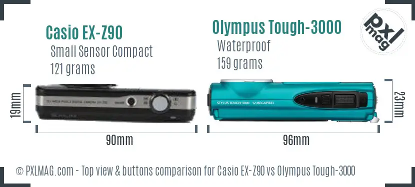 Casio EX-Z90 vs Olympus Tough-3000 top view buttons comparison