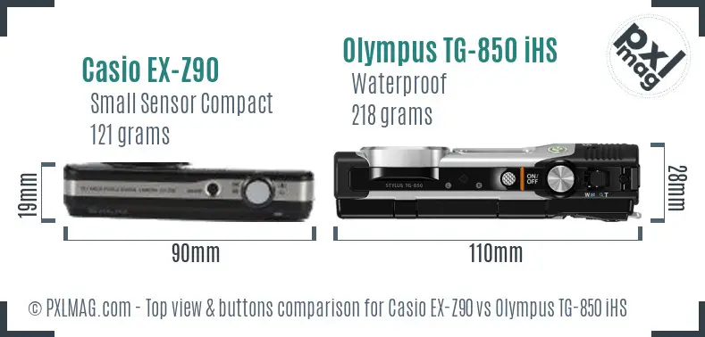 Casio EX-Z90 vs Olympus TG-850 iHS top view buttons comparison Casio EX-Z90 vs Olympus TG-850 iHS top view buttons comparison