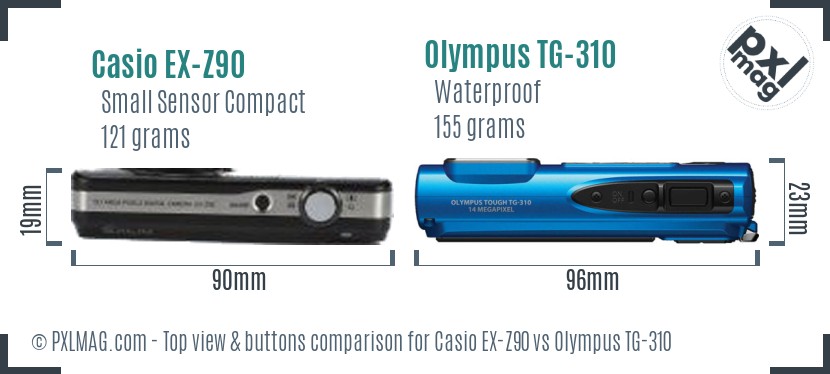 Casio EX-Z90 vs Olympus TG-310 top view buttons comparison
