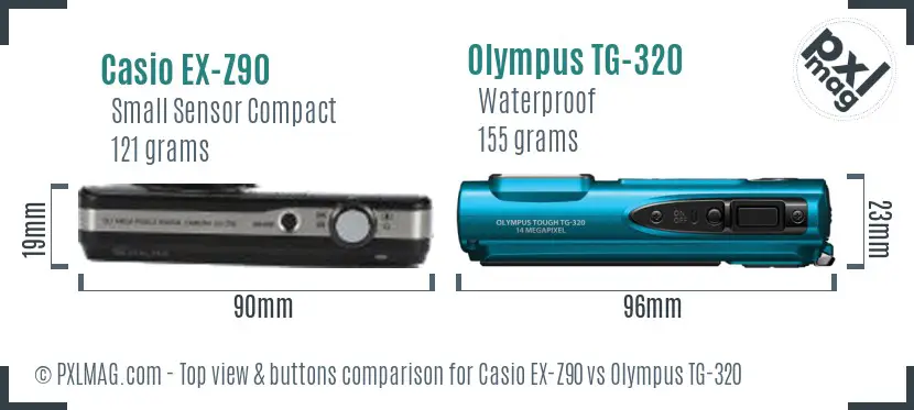 Casio EX-Z90 vs Olympus TG-320 top view buttons comparison