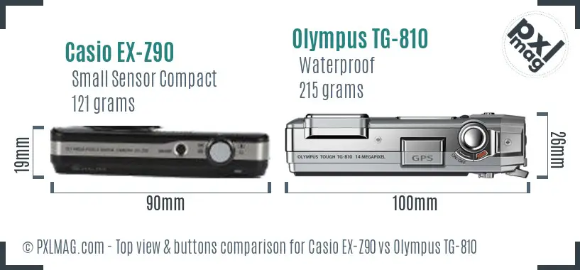 Casio EX-Z90 vs Olympus TG-810 top view buttons comparison