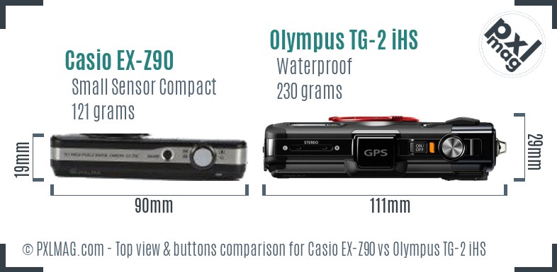 Casio EX-Z90 vs Olympus TG-2 iHS top view buttons comparison