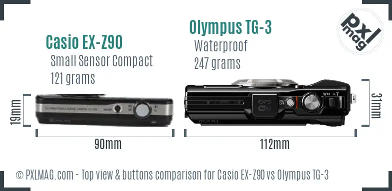 Casio EX-Z90 vs Olympus TG-3 top view buttons comparison