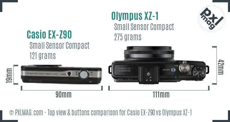 Casio EX-Z90 vs Olympus XZ-1 top view buttons comparison