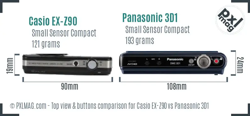 Casio EX-Z90 vs Panasonic 3D1 top view buttons comparison