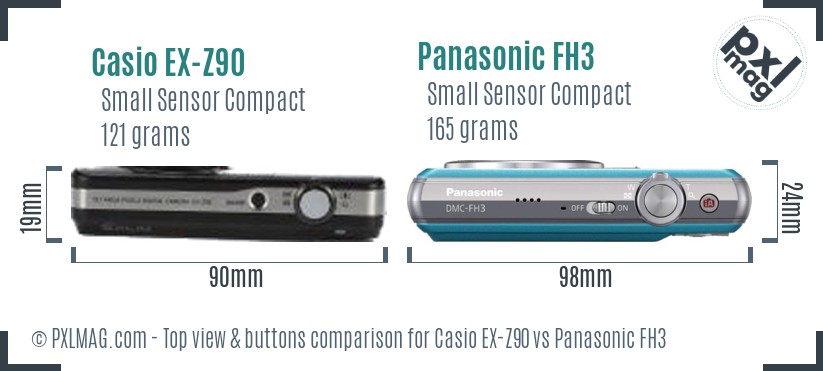 Casio EX-Z90 vs Panasonic FH3 top view buttons comparison