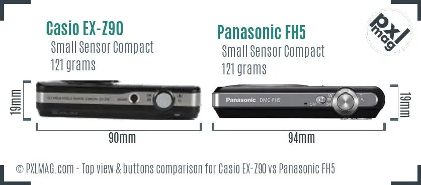 Casio EX-Z90 vs Panasonic FH5 top view buttons comparison