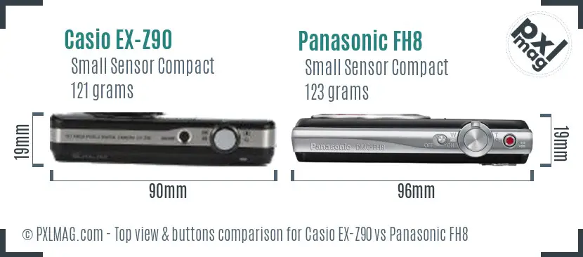 Casio EX-Z90 vs Panasonic FH8 top view buttons comparison Casio EX-Z90 vs Panasonic FH8 top view buttons comparison