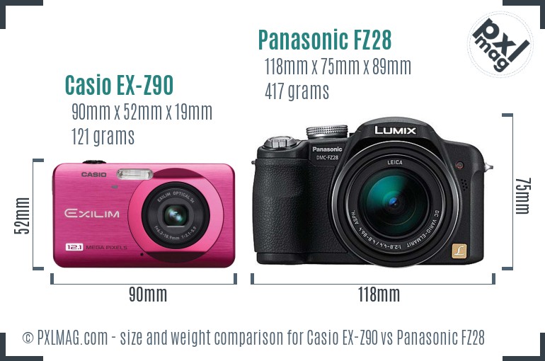 Casio EX-Z90 vs Panasonic FZ28 size comparison Casio EX-Z90 vs Panasonic FZ28 size comparison