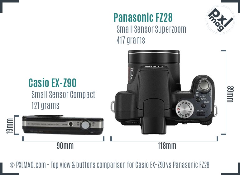 Casio EX-Z90 vs Panasonic FZ28 top view buttons comparison