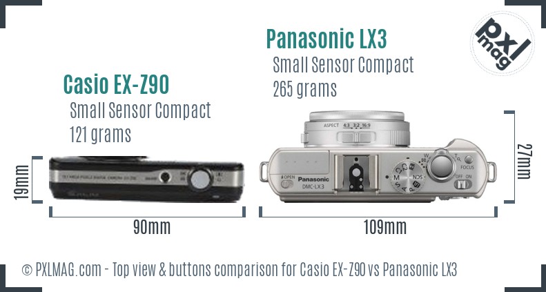 Casio EX-Z90 vs Panasonic LX3 top view buttons comparison