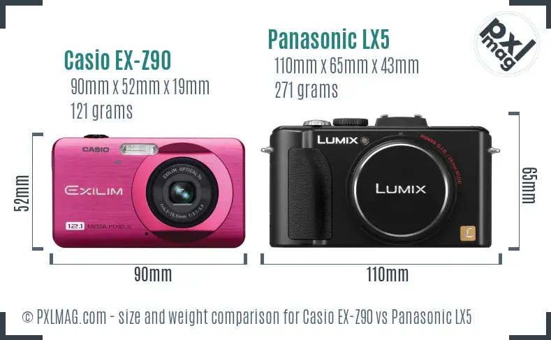 Casio EX-Z90 vs Panasonic LX5 size comparison