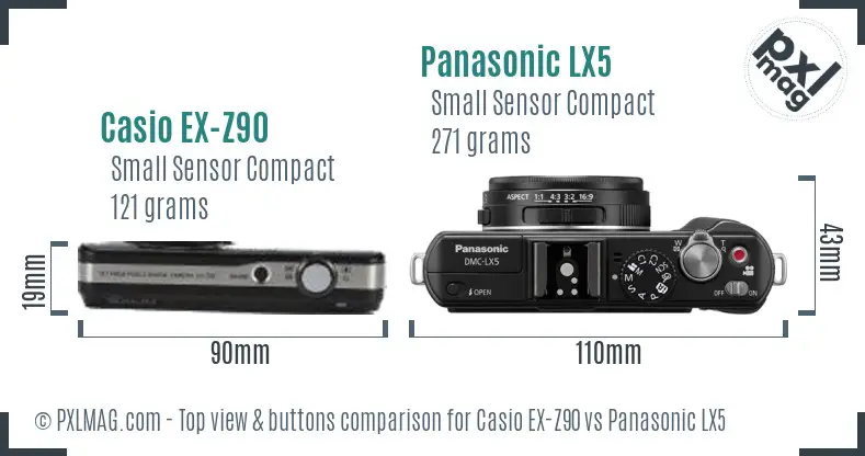 Casio EX-Z90 vs Panasonic LX5 top view buttons comparison