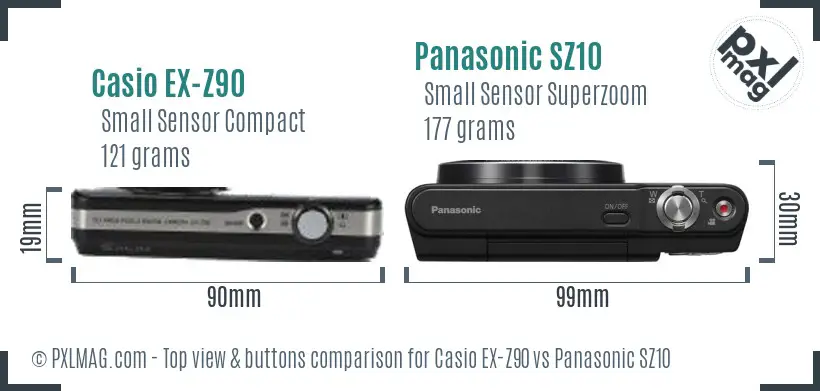 Casio EX-Z90 vs Panasonic SZ10 top view buttons comparison Casio EX-Z90 vs Panasonic SZ10 top view buttons comparison