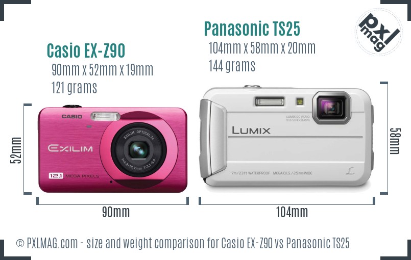 Casio EX-Z90 vs Panasonic TS25 size comparison