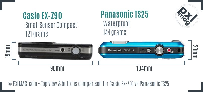 Casio EX-Z90 vs Panasonic TS25 top view buttons comparison