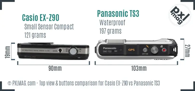 Casio EX-Z90 vs Panasonic TS3 top view buttons comparison