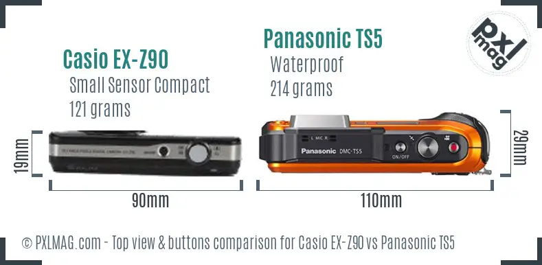 Casio EX-Z90 vs Panasonic TS5 top view buttons comparison