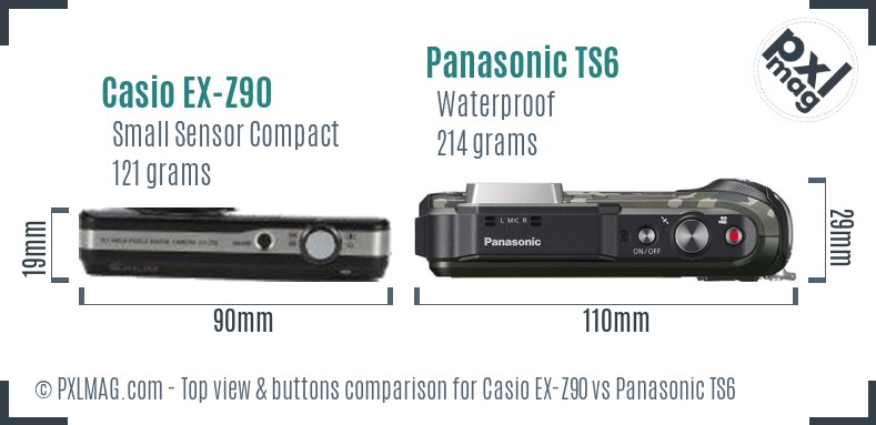 Casio EX-Z90 vs Panasonic TS6 top view buttons comparison