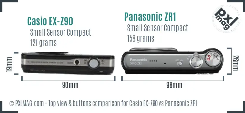 Casio EX-Z90 vs Panasonic ZR1 top view buttons comparison