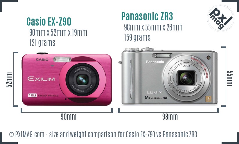 Casio EX-Z90 vs Panasonic ZR3 size comparison