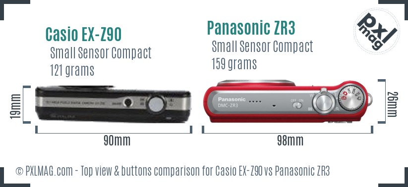 Casio EX-Z90 vs Panasonic ZR3 top view buttons comparison