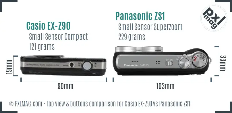 Casio EX-Z90 vs Panasonic ZS1 top view buttons comparison