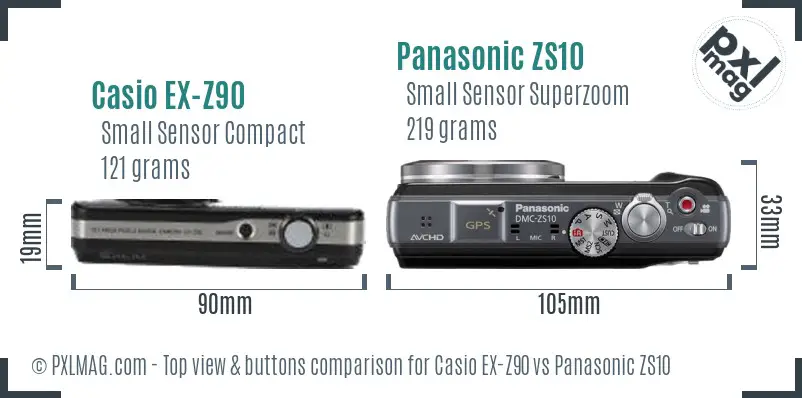 Casio EX-Z90 vs Panasonic ZS10 top view buttons comparison