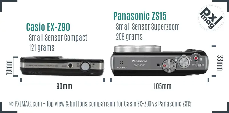 Casio EX-Z90 vs Panasonic ZS15 top view buttons comparison Casio EX-Z90 vs Panasonic ZS15 top view buttons comparison